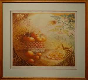 Picture of Oranges et Mandarines by Suzanne Pirotte with 1-inch birdseye maple frame