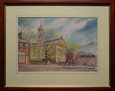 Picture of Central Moravian Church - Spring (Item # 1002) by Fred Bees with 1-inch walnut with gold lip frame