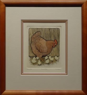 Picture of Hen and Chicks by Hunt Wulkowicz with 3/4-inch cherry frame